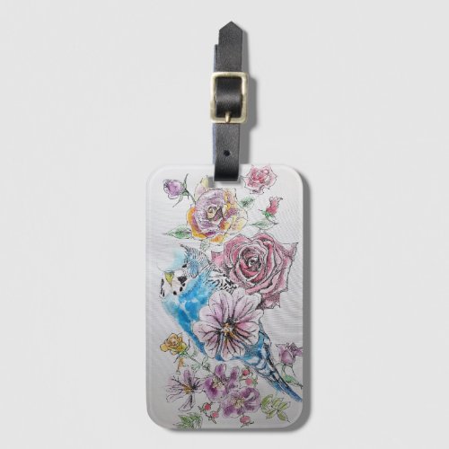 Blue Budgie Red Rose Floral Watercolor Luggage Tag