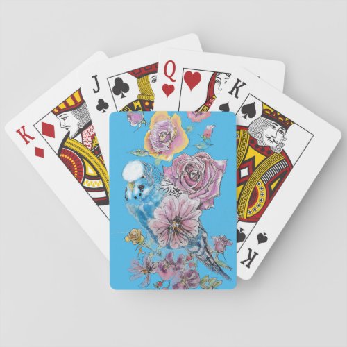 Blue Budgie Red Rose Flower Playing Blue Cards Set