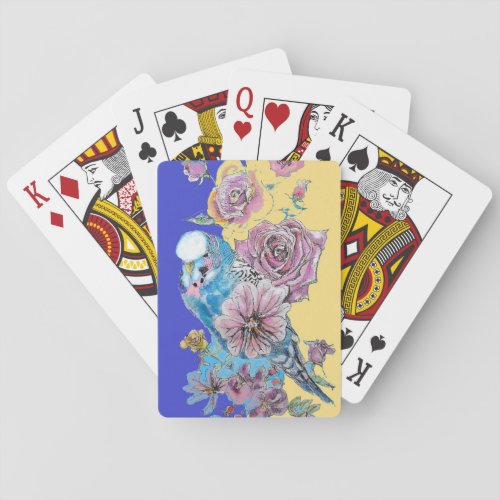 Blue Budgie Red Rose Flower Playing Blue Cards Set