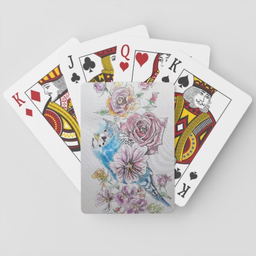 Blue Budgie  Red Rose Flower Playing Cards Set