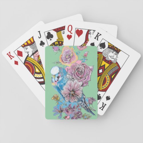 Blue Budgie Red Rose Flower Playing GreenCards Set Poker Cards