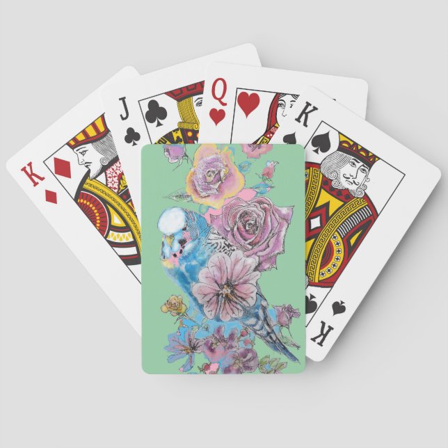 Blue Budgie Red Rose Flower Playing GreenCards Set Poker Cards (Back)
