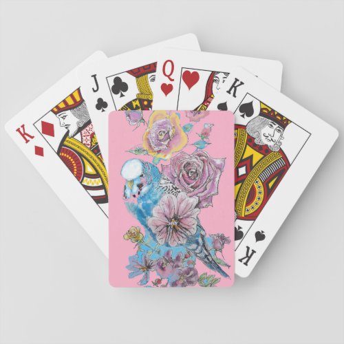 Blue Budgie Red Rose Flower Playing pink Cards Set