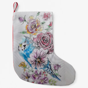 Blue Budgie & Red Rose Flowers Floral Stocking