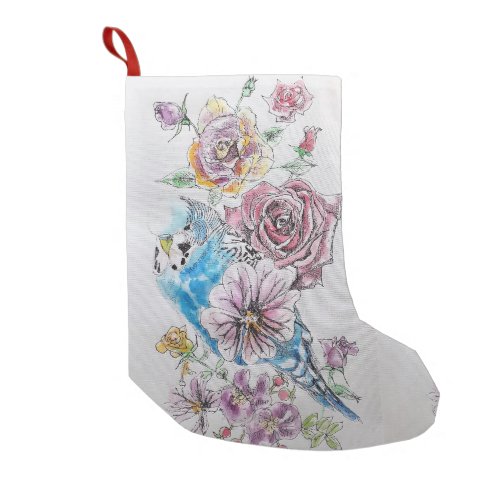 Blue Budgie  Red Rose Flowers Floral Stocking