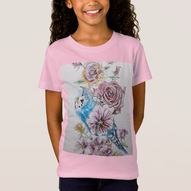 Blue Budgie & Red Rose flowers Girls T Shirt (Front)