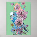 Blue Budgie Red Rose Green Watercolour art Poster<br><div class="desc">Blue Budgie & Red Rose Green Watercolour art Poster. A glorious poster to compliment any decor. Designed from my original watercolor paintings,  that I painted from my own flower garden.</div>