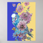 Blue Budgie & Red Rose Navy Watercolour art Poster<br><div class="desc">Blue Budgie & Red Rose Navy Watercolour art Poster. A glorious poster to compliment any decor. Designed from my original watercolor paintings,  that I painted from my own flower garden.</div>