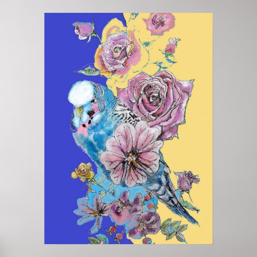 Blue Budgie  Red Rose Navy Watercolour art Poster