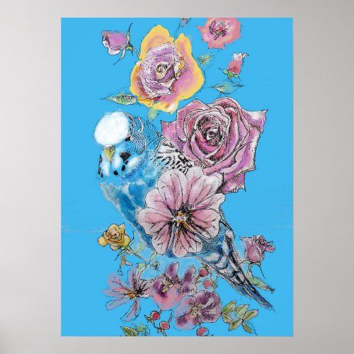 Blue Budgie Red Rose Pastel Watercolour art Poster