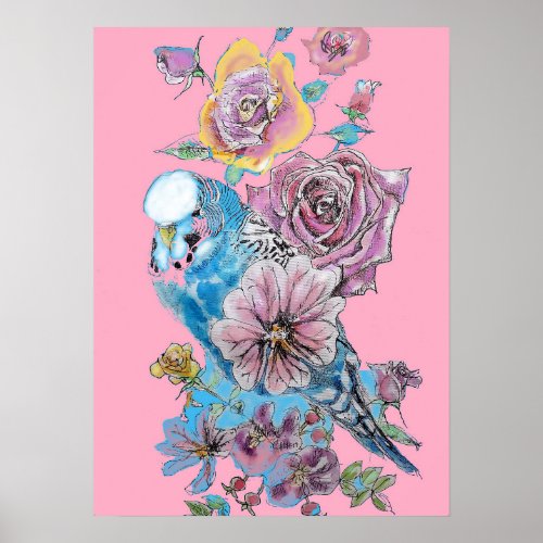 Blue Budgie Red Rose Pink Watercolour art Poster