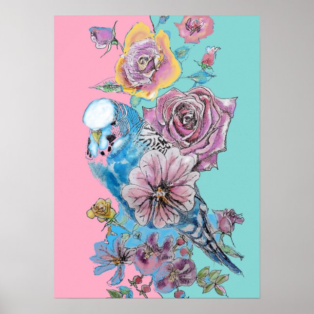 Blue Budgie Red Rose Pink Watercolour art Poster (Front)