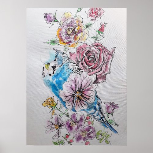 Blue Budgie  Red Rose Watercolour art Poster