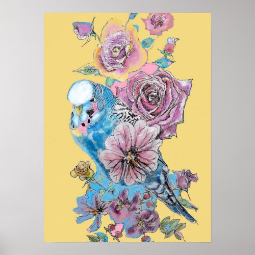 Blue Budgie Red Rose Yellow Watercolour art Poster