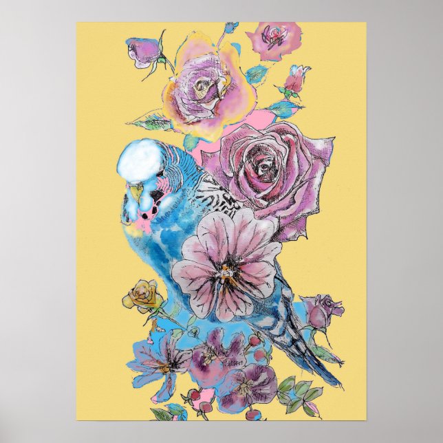 Blue Budgie Red Rose Yellow Watercolour art Poster (Front)