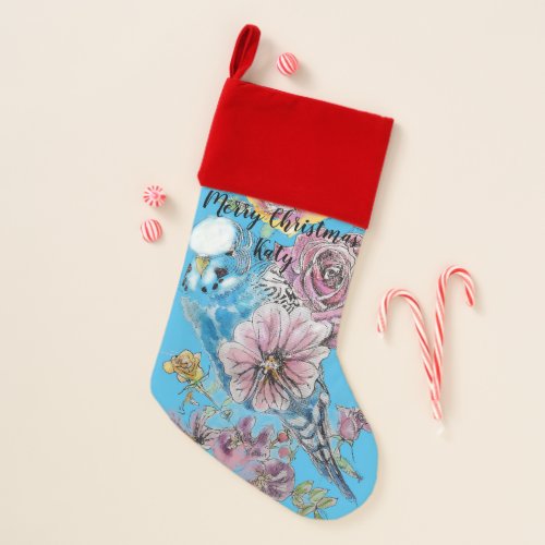 Blue Budgie Rose Art Bird Christmas Stocking