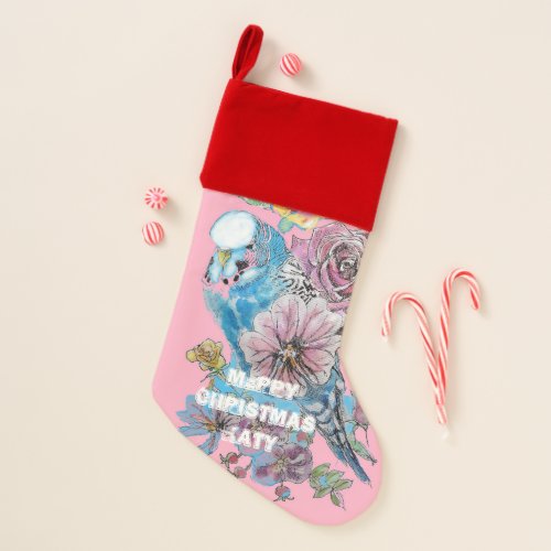 Blue Budgie Rose Art Bird Christmas Stocking