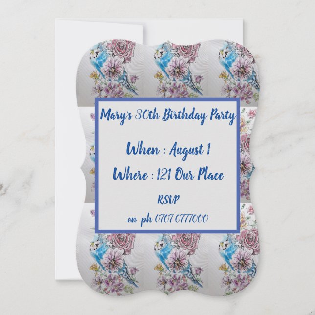 Blue Budgie Rose Floral 40th Birthday Invitation (Front)