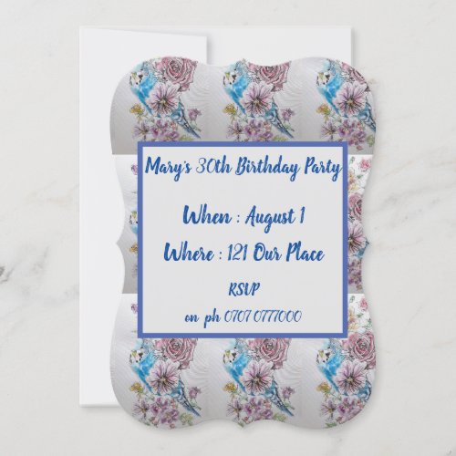 Blue Budgie Rose Floral 40th Birthday Invitation