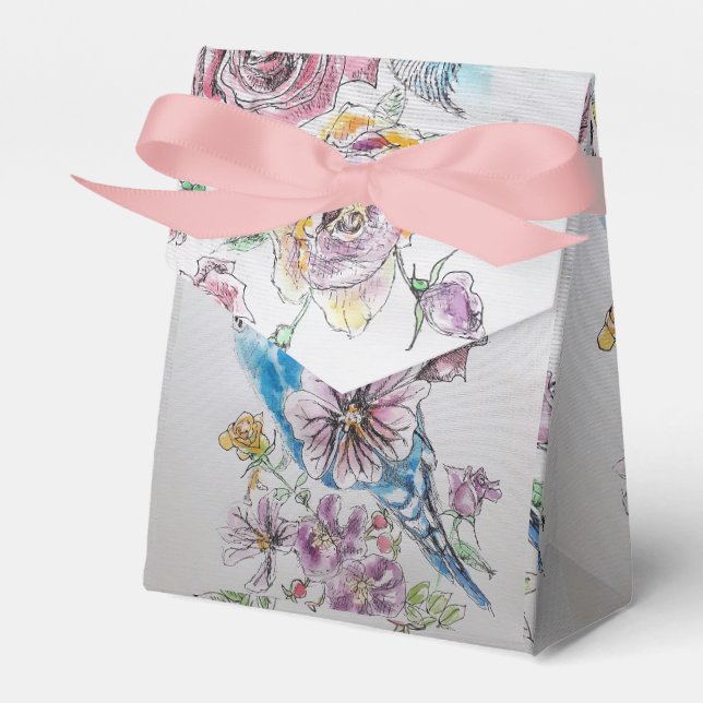 Blue Budgie & Rose Floral Party Cake Favor Box (Front Side)
