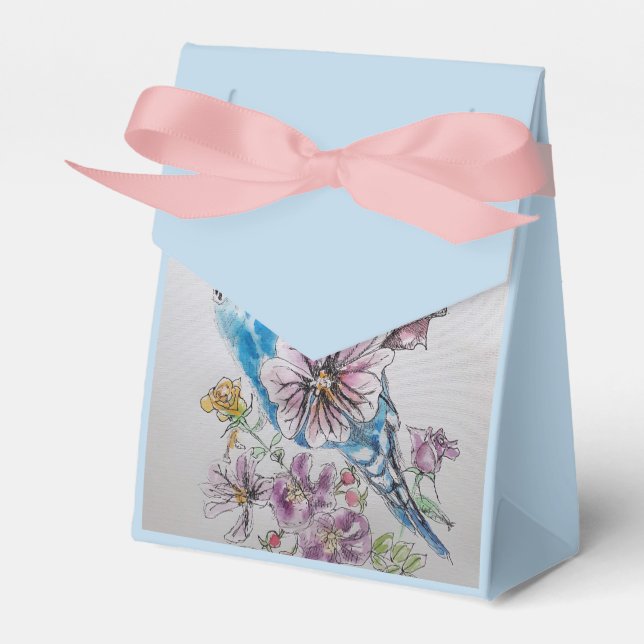 Blue Budgie & Rose Floral Party Cake Favor Box (Front Side)