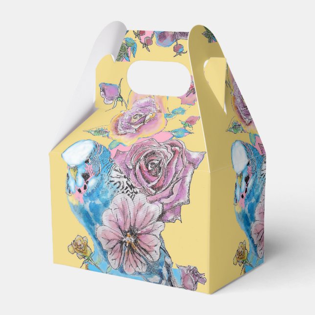 Blue Budgie & Rose Floral Party Cake Favor Box (Front Side)