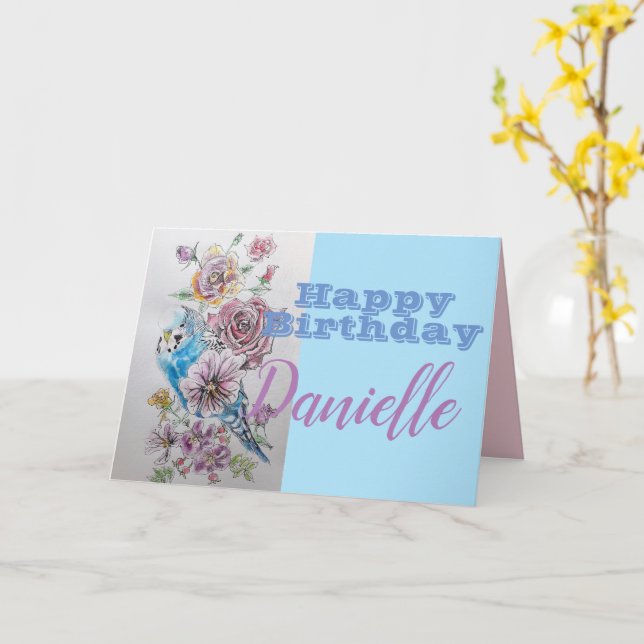 Blue Budgie & Rose Flower Happy Birthday Name Card (Yellow Flower)