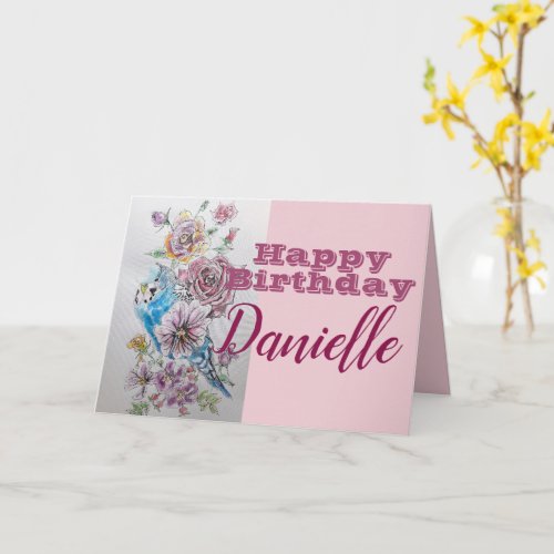 Blue Budgie  Rose Flower Happy Birthday Name Card