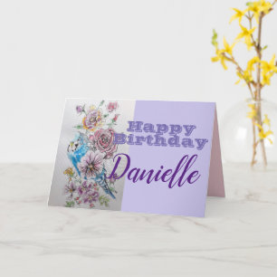 Blue Budgie & Rose Flower Happy Birthday Name Card