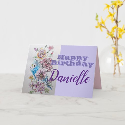 Blue Budgie  Rose Flower Happy Birthday Name Card