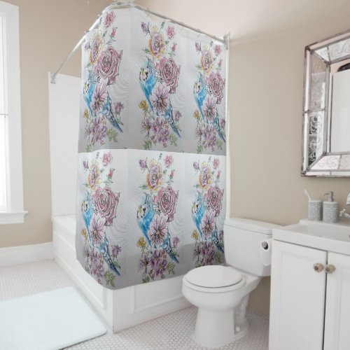 Blue Budgie  Rose roses Flowers Shower Curtain