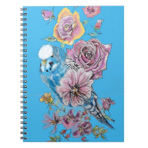 Blue Budgie Rose Watercolor Bird Notebook