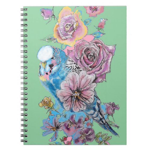 Blue Budgie Rose Watercolor Green Bird Notebook