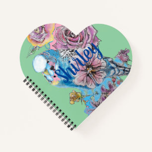 Blue Budgie Rose Watercolor Green Heart Notebook