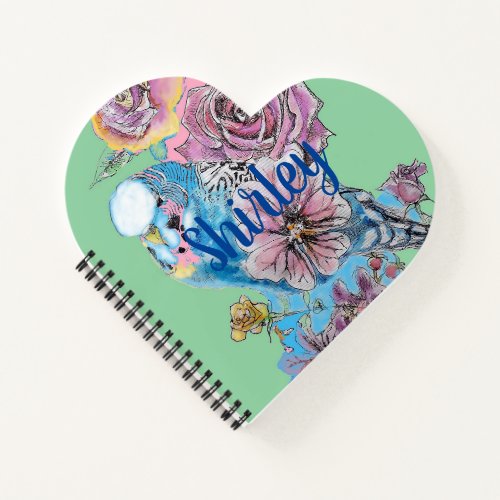 Blue Budgie Rose Watercolor Green Heart Notebook