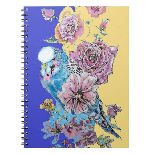 Blue Budgie Rose Watercolor Navy Bird Notebook