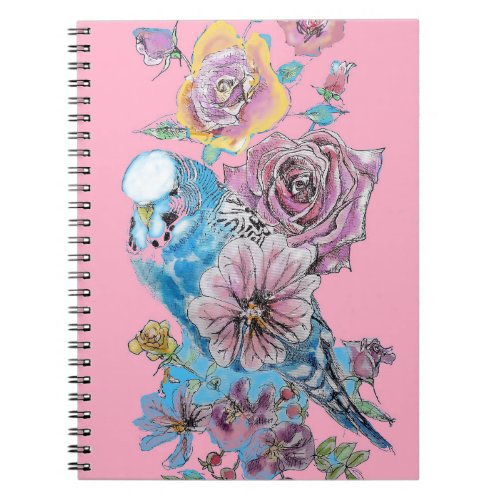 Blue Budgie Rose Watercolor Pink Bird Notebook