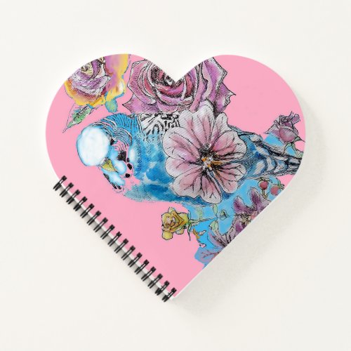 Blue Budgie Rose Watercolor Pink Heart Notebook