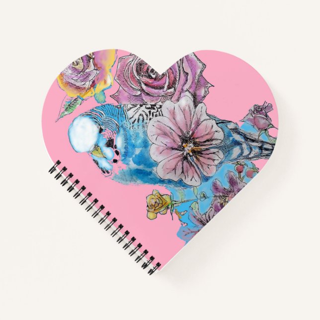 Blue Budgie Rose Watercolor Pink Heart Notebook (Front)