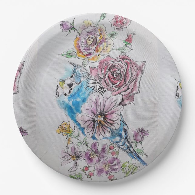 Blue Budgie & Roses Art Birthday Party Paper Plate (Front)