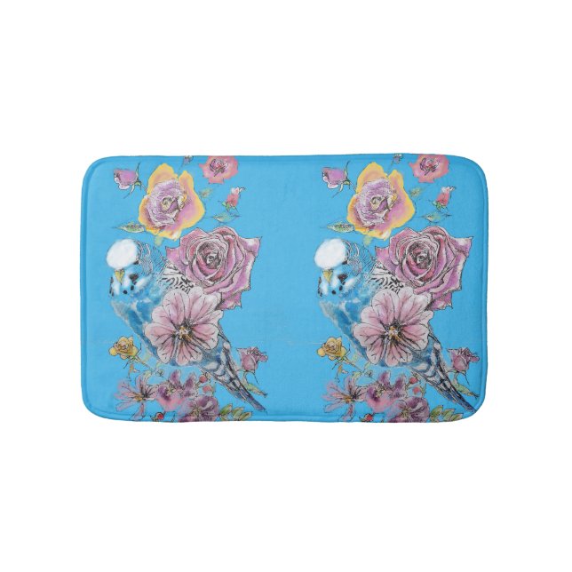 Blue Budgie & Roses Art floral flowers Bath Mat (Front)