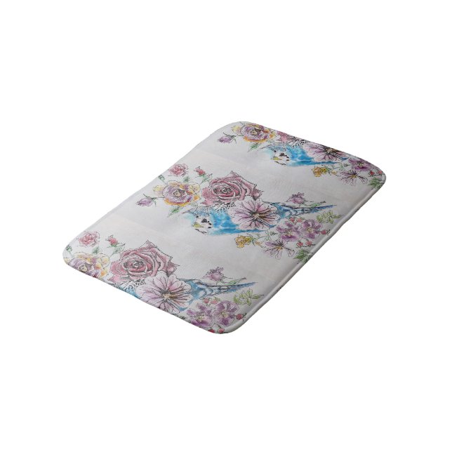 Blue Budgie & Roses Art floral flowers Bath Mat (Angled)