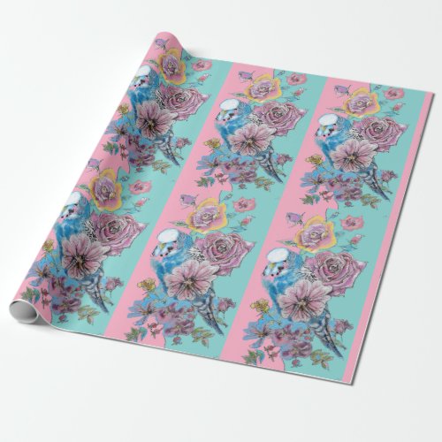 Blue Budgie Roses art flowers Budgies Parrot Pink Wrapping Paper