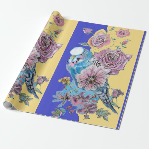 Blue Budgie Roses art flowers Watercolor Wrapping Wrapping Paper