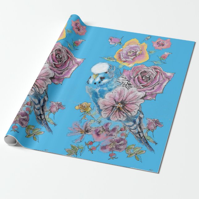 Blue Budgie Roses art flowers Watercolor Wrapping Wrapping Paper (Unrolled)
