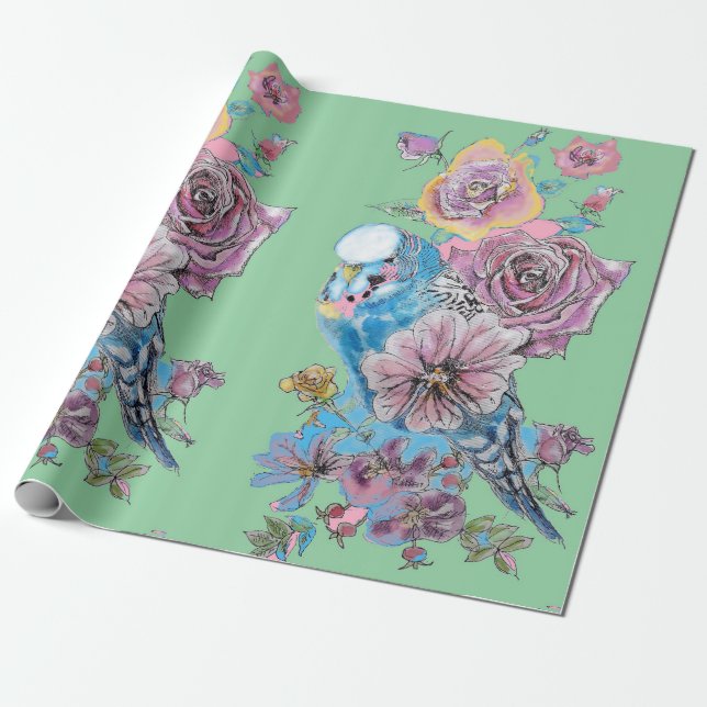 Blue Budgie Roses art flowers Watercolor Wrapping Wrapping Paper (Unrolled)