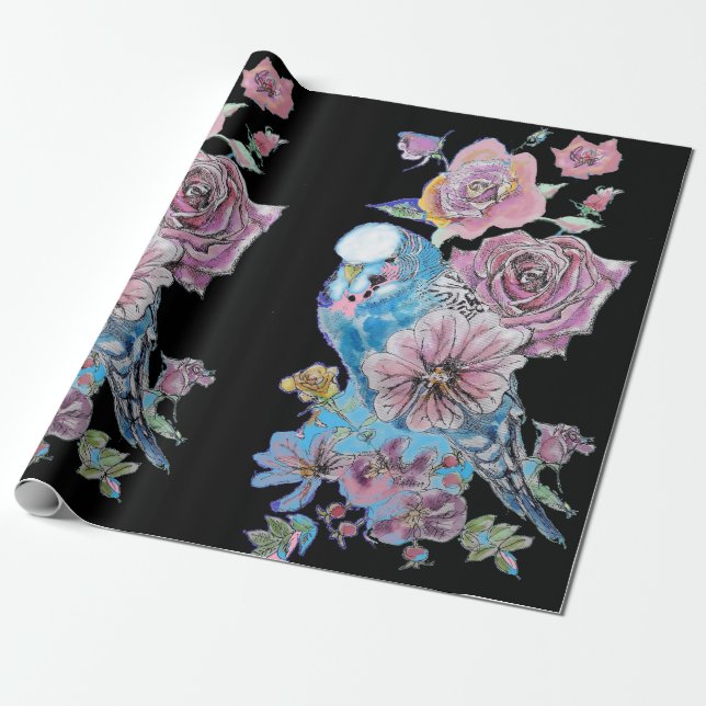 Blue Budgie Roses art flowers Watercolor Wrapping Wrapping Paper (Unrolled)