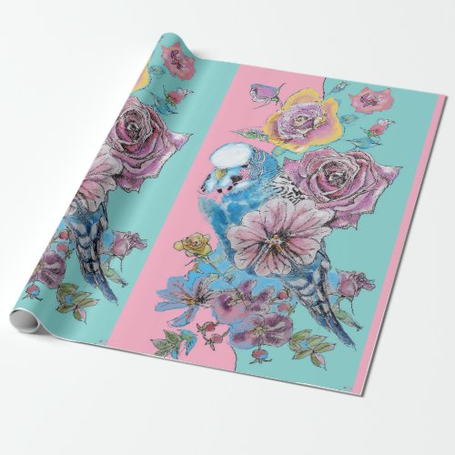 Blue Budgie Roses art flowers Watercolor Wrapping Wrapping Paper