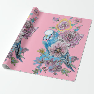 Blue Budgie Roses art flowers Watercolor Wrapping Wrapping Paper