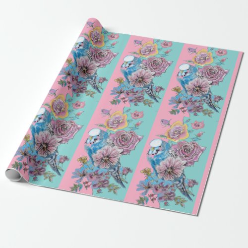Blue Budgie Roses art flowers Watercolor Wrapping  Wrapping Paper